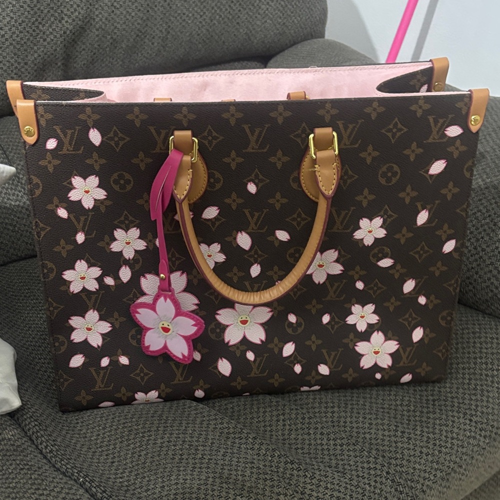 Tote bag inspired Brown Monogram Tote with Pink Cherry Blossom Print